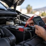 Imagen de un técnico midiendo el voltaje que debe tener una batería de coche