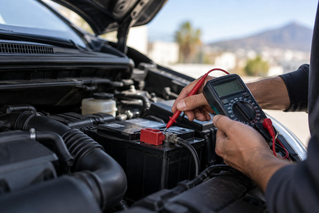 Imagen de un técnico midiendo el voltaje que debe tener una batería de coche